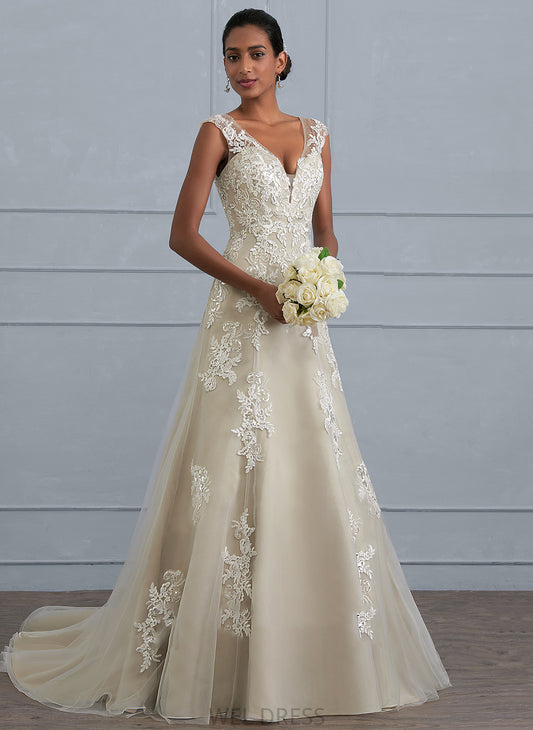 Train A-Line Court Dress Lace Audrina Sequins With Beading V-neck Wedding Dresses Wedding Tulle