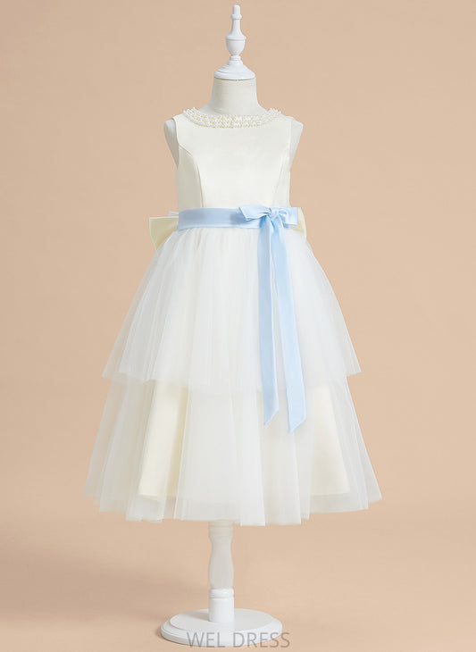 Scoop Neck - Girl Tea-length Sash/Beading/Bow(s) Sleeveless A-Line Dress Satin/Tulle Judy With Flower Girl Dresses Flower