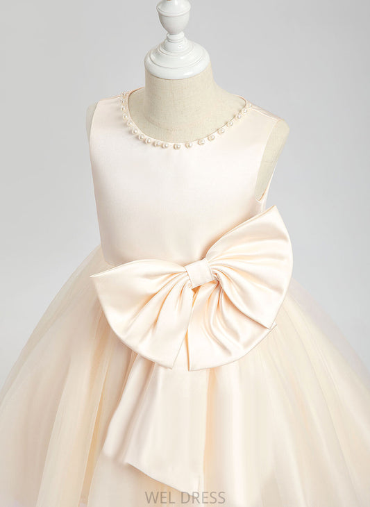 Beading/Bow(s) Girl Flower Satin Sleeveless Knee-length Scalloped Flower Girl Dresses Neck - A-Line Dress With Abbey