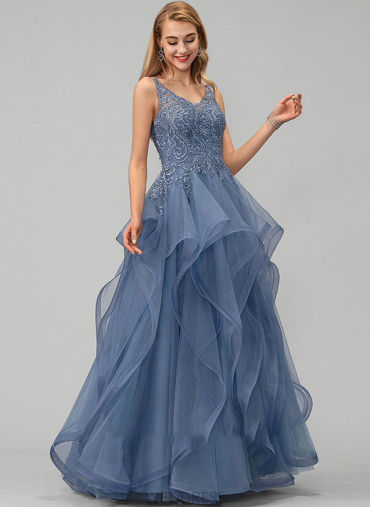 Floor-Length Kate Prom Dresses Ball-Gown/Princess Tulle With Lace Beading V-neck Sequins