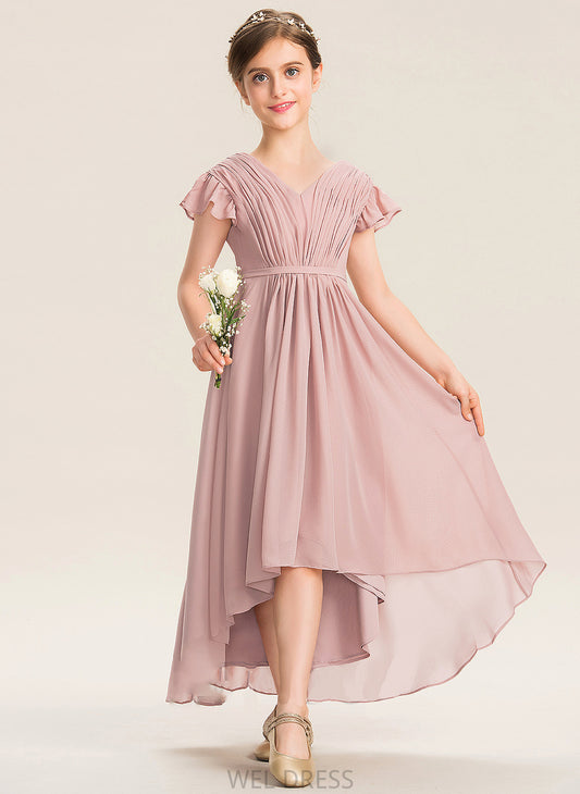 Bow(s) V-neck Virginia Junior Bridesmaid Dresses A-Line Chiffon Ruffles With Cascading Asymmetrical