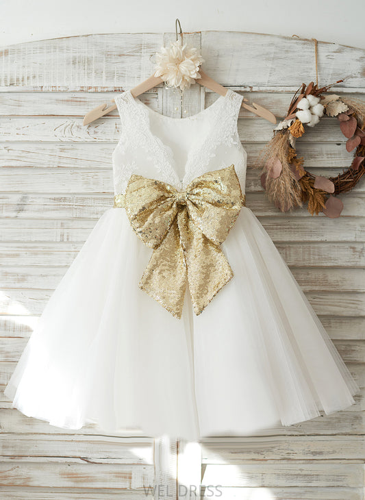 Tulle/Lace/Sequined Back Alyvia Girl Bow(s)/V Sleeveless Dress - A-Line Knee-length Neck Scoop With Flower Flower Girl Dresses