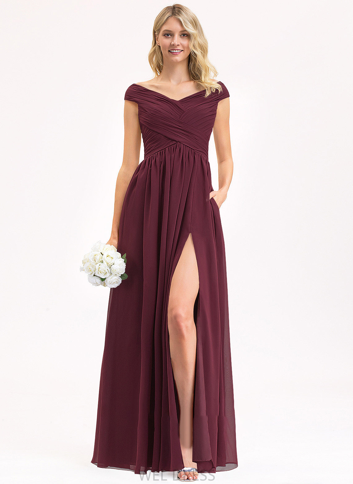 Ada Prom Dresses Ruffle With Off-the-Shoulder Chiffon A-Line Floor-Length Pockets Split Front