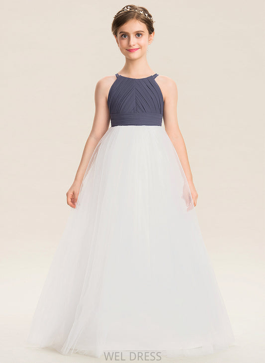 Tulle A-Line Junior Bridesmaid Dresses Chiffon Amaya Scoop With Neck Floor-Length Ruffle