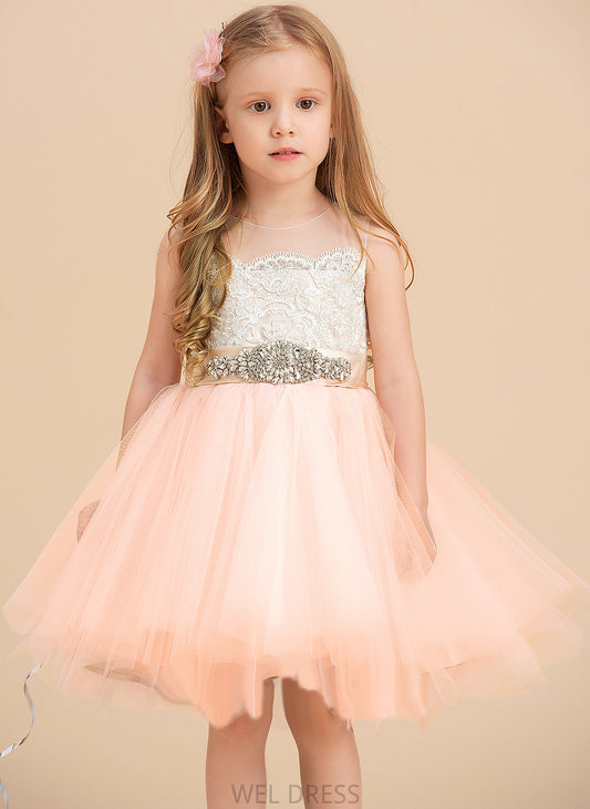 sash) With Caylee Dress Flower Girl Dresses Flower Knee-length (Undetachable Sleeveless Girl - A-Line Neck Scoop Beading Satin/Tulle/Lace