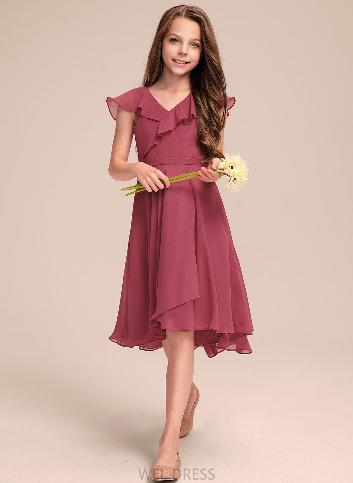 Junior Bridesmaid Dresses Asymmetrical Lilia V-neck A-Line Cascading With Chiffon Ruffles