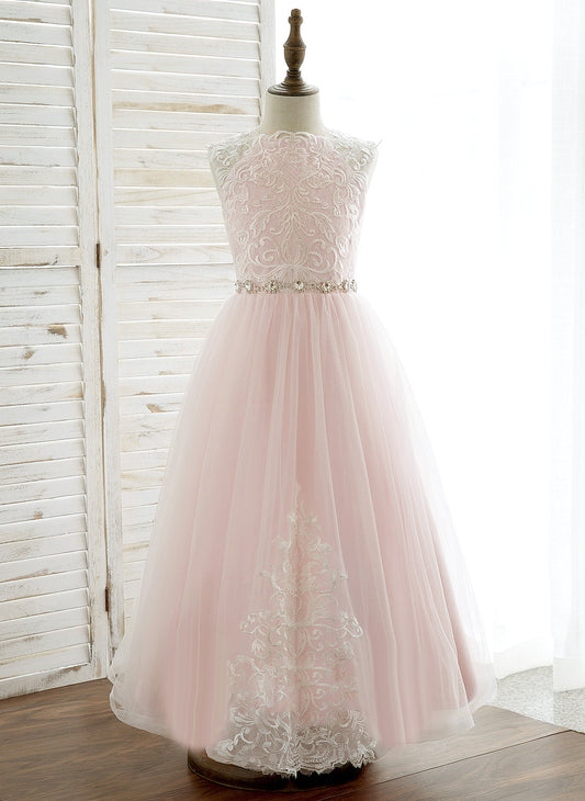 - Sleeveless Neck Scoop A-Line/Princess Dress Flower Girl Dresses Tulle/Lace Flower Girl Ankle-length Rhinestone With Michaelia