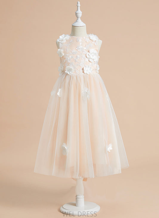 Katherine Flower Tea-length A-Line Flower Girl Dresses - Tulle With Dress Scoop Sleeveless Flower(s)/Bow(s) Neck Girl