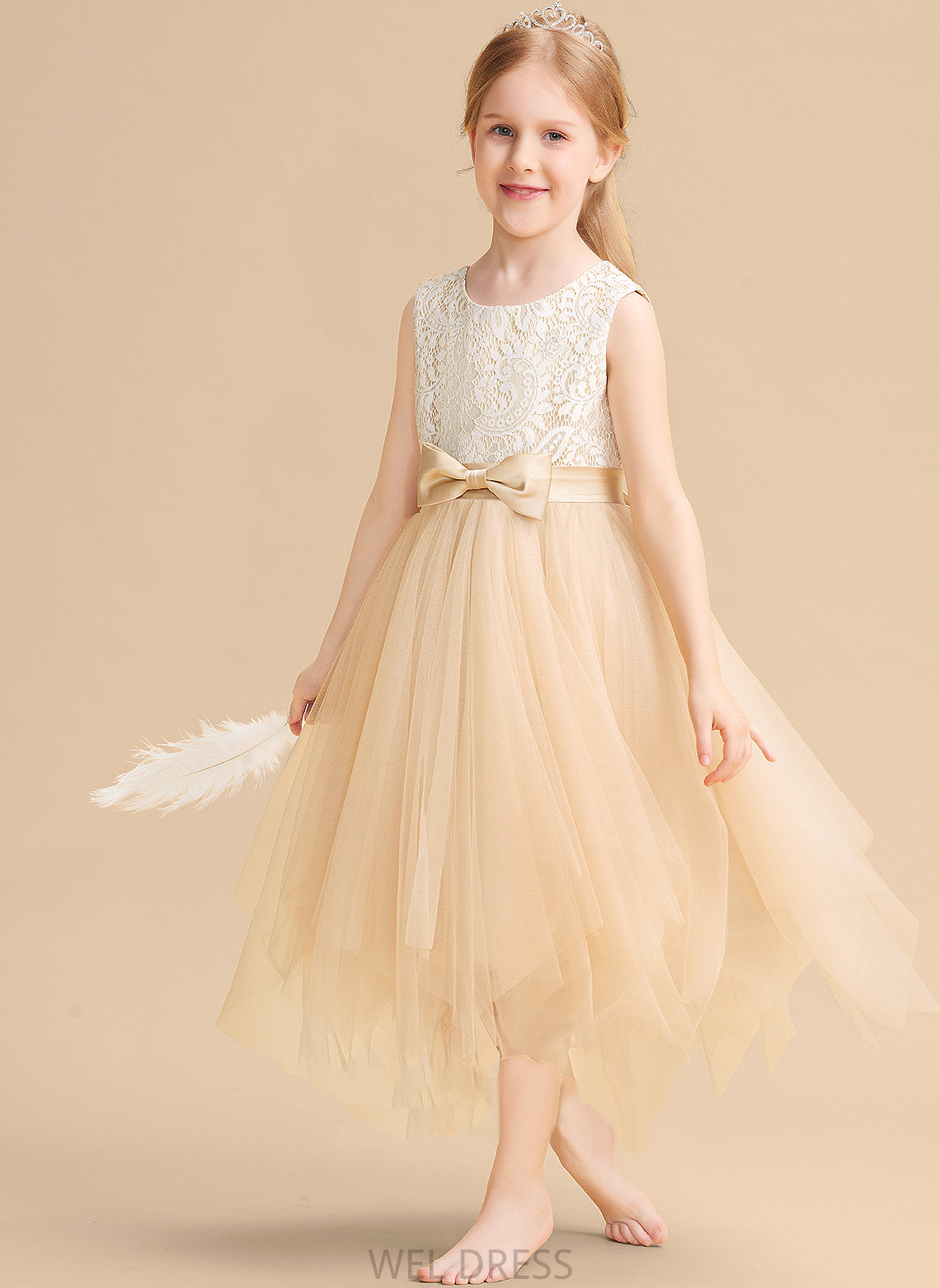 Dress Flower Carly Scalloped Flower Girl Dresses Neck With - A-Line Lace/Bow(s) Girl Tea-length Tulle Sleeveless