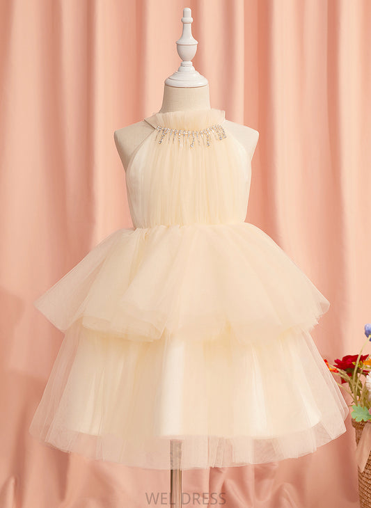 Girl Flower With Sleeveless Neck High Dress Ball-Gown/Princess Knee-length Tulle Rhinestone - Elliana Flower Girl Dresses