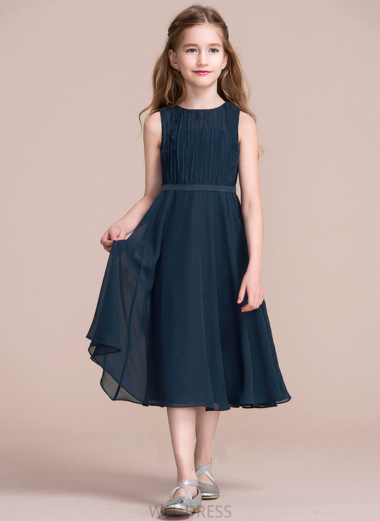 Tea-Length A-Line Scoop Neck With Vanessa Ruffle Chiffon Junior Bridesmaid Dresses