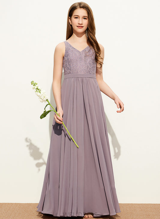 Junior Bridesmaid Dresses Floor-Length V-neck Jayden Chiffon Lace A-Line