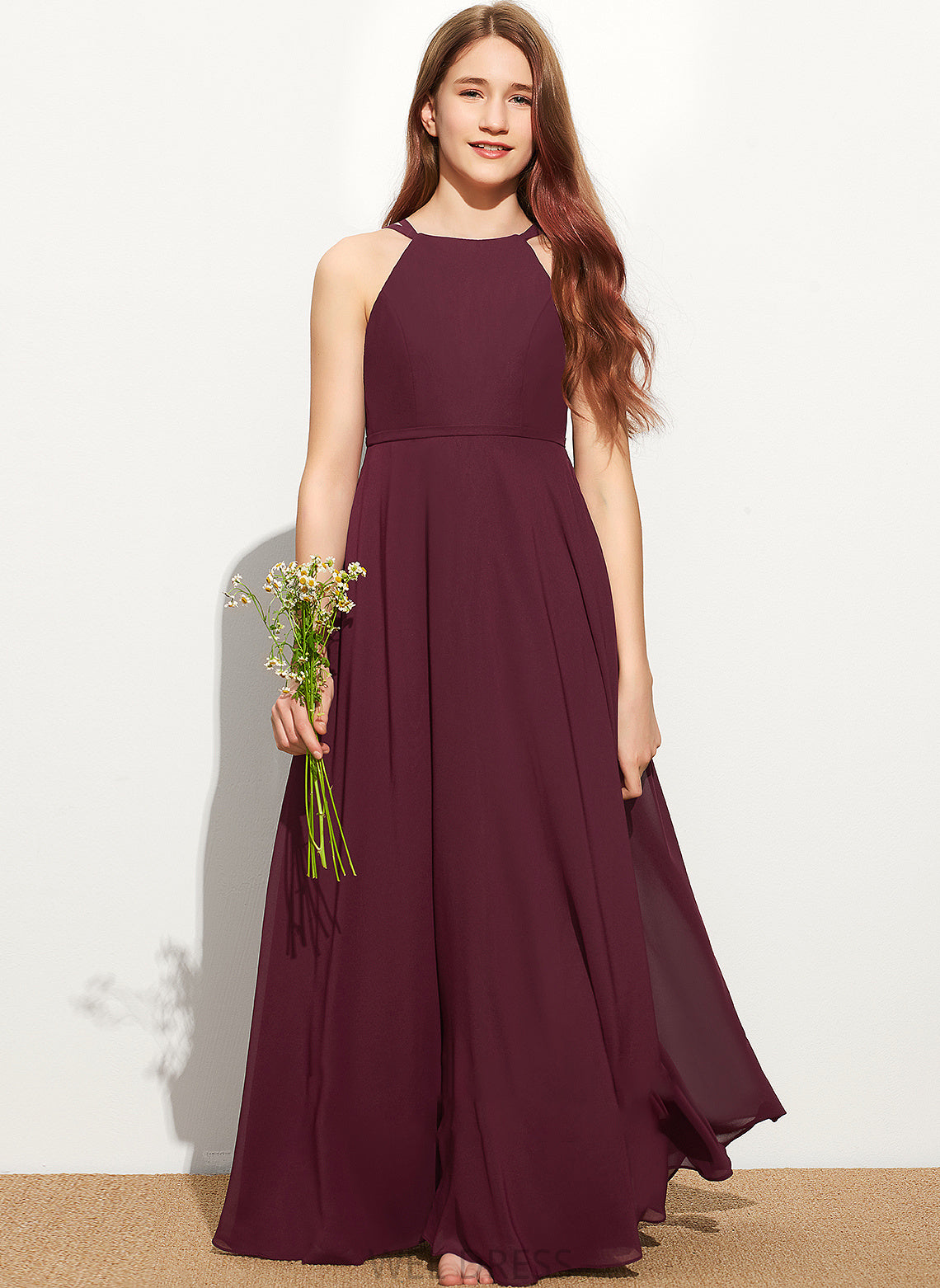 Micaela A-Line Chiffon Floor-Length Scoop Junior Bridesmaid Dresses Neck