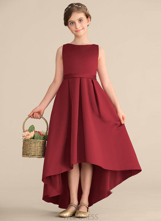 Pockets Junior Bridesmaid Dresses Ruffle Neck With A-Line Scoop Satin Asymmetrical Daniella