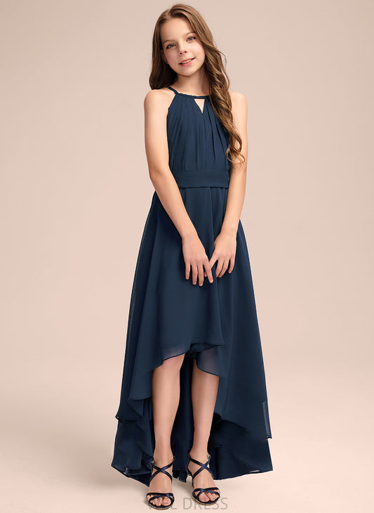 Junior Bridesmaid Dresses A-Line Scoop Asymmetrical Cecelia Bow(s) Ruffles Chiffon With Neck