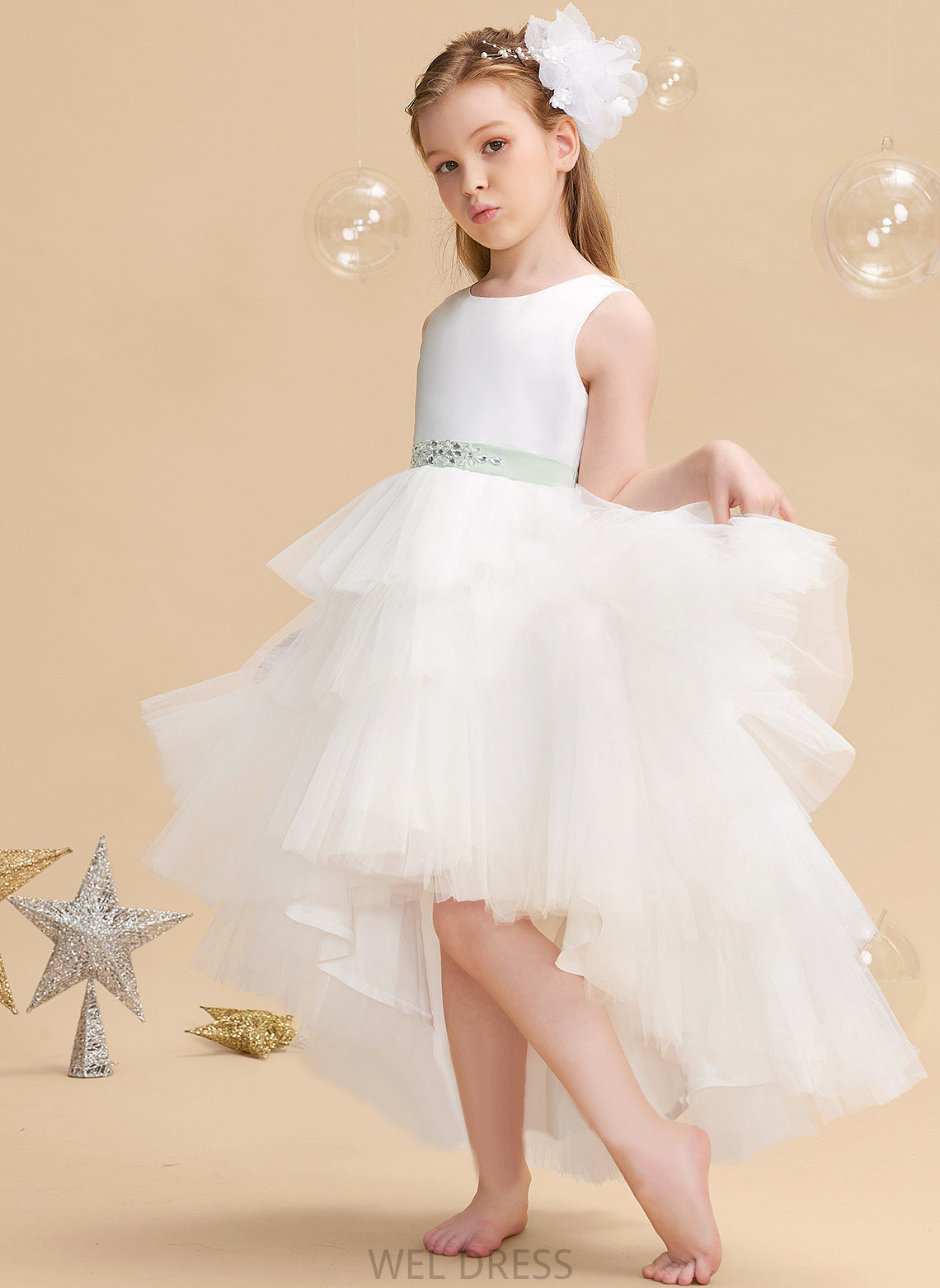 Madeleine Scoop Flower Girl Dresses Asymmetrical Dress (Detachable Neck Flower Sleeveless sash) Sash/Beading With Girl - Ball-Gown/Princess Tulle