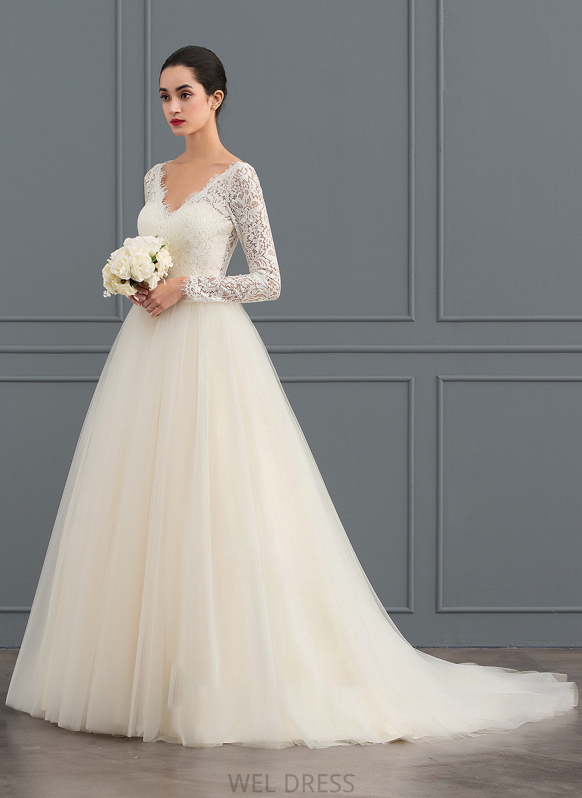 Ball-Gown/Princess Train Court Amari Tulle Wedding Dresses Dress Lace V-neck Wedding