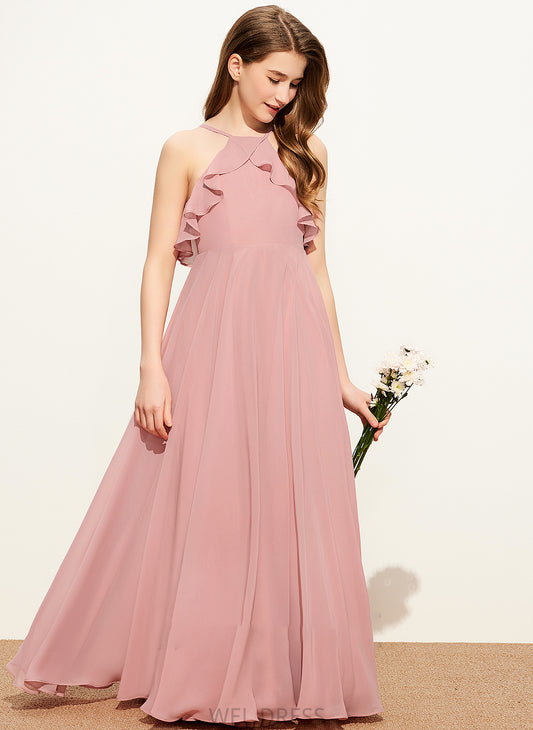 Junior Bridesmaid Dresses Cascading Floor-Length Chiffon Neckline Briana Ruffles A-Line Square With