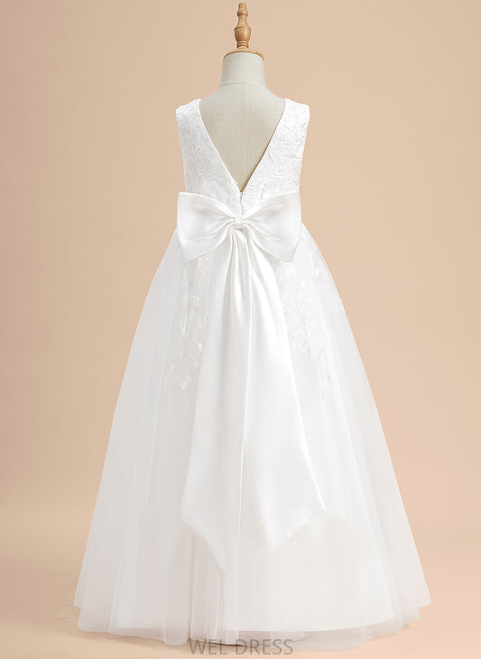 A-Line Lace/Flower(s)/Bow(s) Sleeveless Girl Tulle With Scoop Floor-length Dress Summer Flower Flower Girl Dresses - Neck