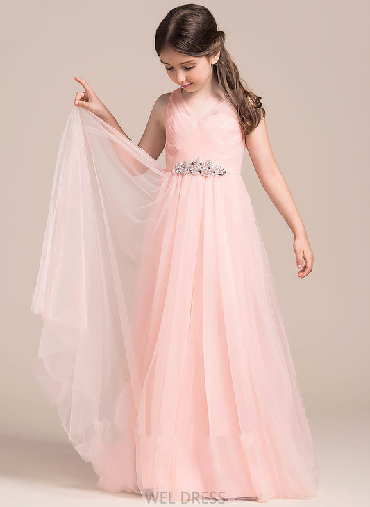 V-neck A-Line Flower Girl Dresses With Flower Sleeveless - Dress Floor-length Ruffles/Beading/Sequins Tulle Girl Audrey