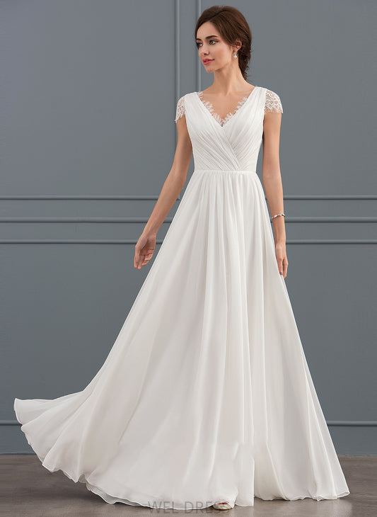 With A-Line Floor-Length V-neck Chiffon Wedding Dresses Wedding Lorena Ruffle Dress Lace