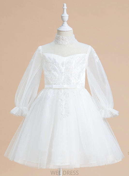 With Sleeves Kyla Tulle Sequins - Girl Flower Girl Dresses Neck Dress High Knee-length A-Line Long Flower