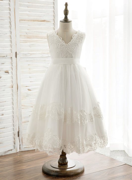 Flower Sleeveless Tulle/Lace America With Girl - Flower Girl Dresses A-Line Back Dress V-neck Tea-length Bow(s)/V