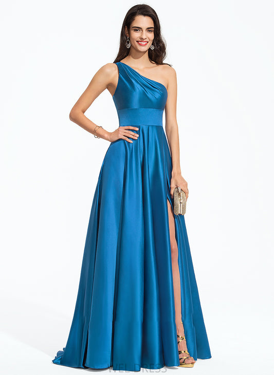 Prom Dresses A-Line One-Shoulder Front Split Sweep With Nora Train Satin