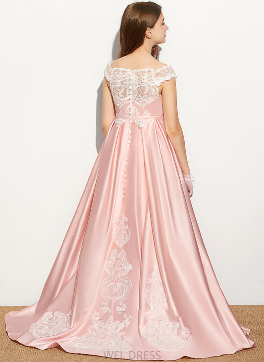 Junior Bridesmaid Dresses Sweep Lace Train Off-the-Shoulder Satin Ball-Gown/Princess Briley