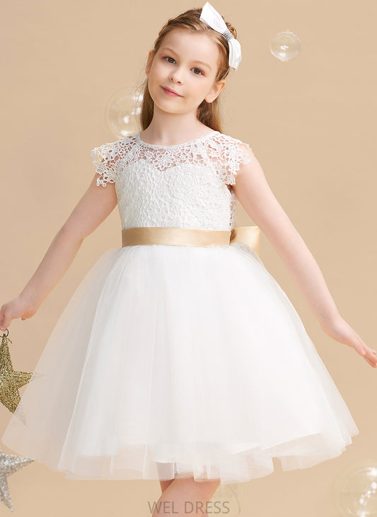 sash) Neck With A-Line Flower Girl Dresses (Undetachable Knee-length Flower Short Tulle/Lace Jaden Dress Scoop Sleeves Girl - Sash/Bow(s)