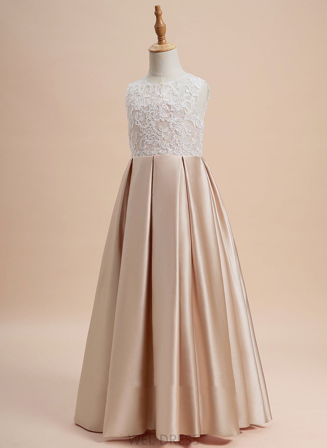 A-Line Scoop Floor-length Satin Neck Dress Flower Girl Dresses Flower Maia - With Sleeveless Girl Lace