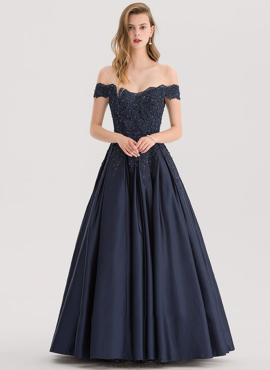 Satin Sequins Floor-Length Katelynn Ball-Gown/Princess Off-the-Shoulder Beading Prom Dresses With