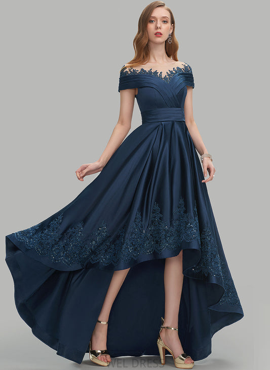 Satin Asymmetrical With Sequins Pockets Mackenzie Ball-Gown/Princess Neck Prom Dresses Scoop