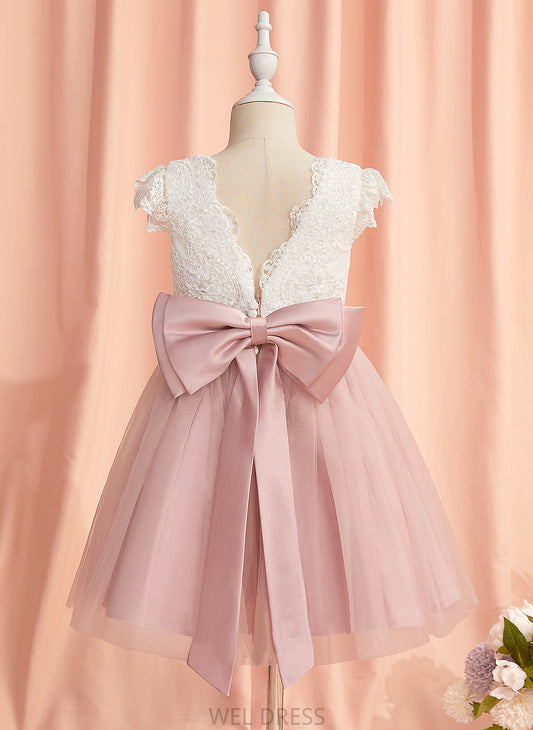 Neck Mylie With Short Scoop Tulle Dress Lace/Bow(s) Flower Girl Dresses Knee-length - A-Line Sleeves Flower Girl