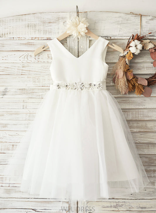 Satin/Tulle Sleeveless Knee-length A-Line With Flower - V-neck Dress Bow(s) Addison Girl Flower Girl Dresses