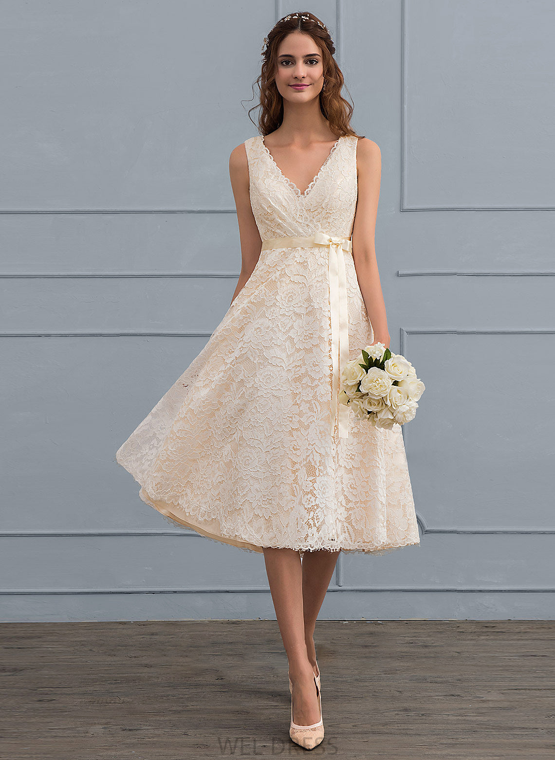 V-neck A-Line Wedding Dresses Dress Knee-Length Miriam Bow(s) Wedding With Lace