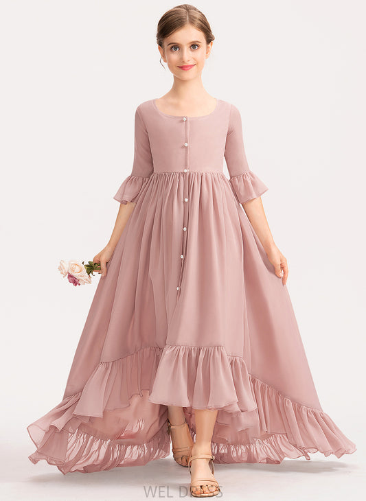 Bow(s) With Scoop Junior Bridesmaid Dresses Cascading Chiffon A-Line Neck Addison Ruffles Asymmetrical