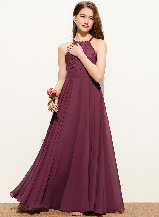 Neckline Square Junior Bridesmaid Dresses A-Line Chiffon Floor-Length Ansley Lace