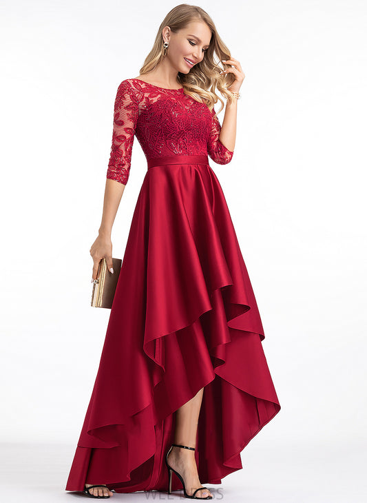 A-Line Sequins Neck Destiney Prom Dresses With Satin Asymmetrical Scoop