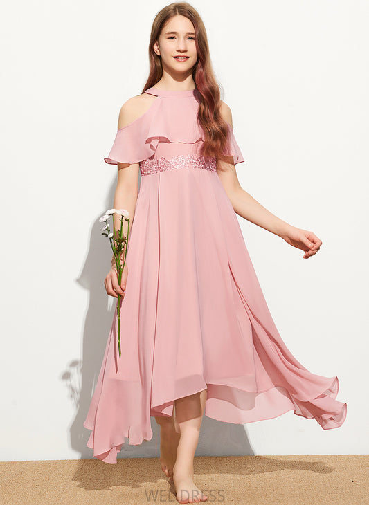 Chiffon Lace A-Line Neck Tea-Length Scoop Junior Bridesmaid Dresses Akira