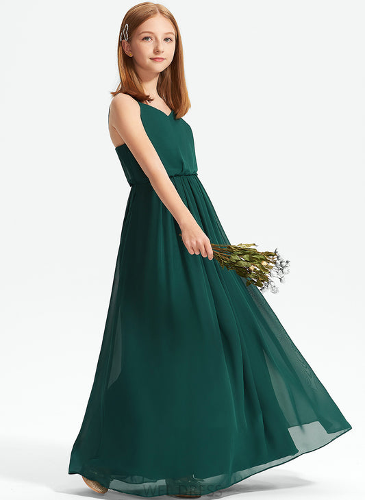 A-Line Ruffle Floor-Length With Chiffon Junior Bridesmaid Dresses Michaelia V-neck