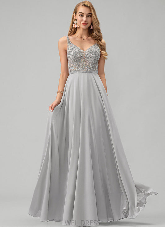 Floor-Length With Madalyn Chiffon Sequins V-neck Beading A-Line Prom Dresses