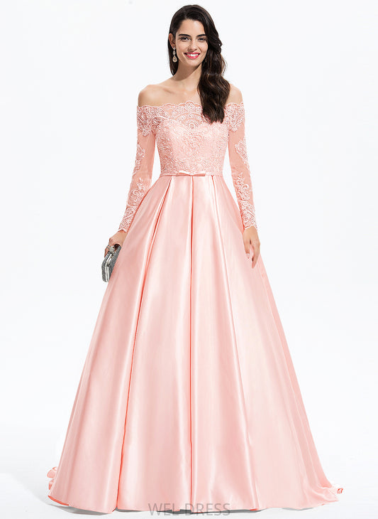 Irene Ball-Gown/Princess Prom Dresses Sweep Bow(s) With Satin Train Off-the-Shoulder