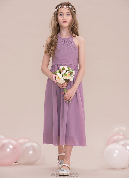 With Ruffle Chiffon Junior Bridesmaid Dresses A-Line Amber Halter Tea-Length