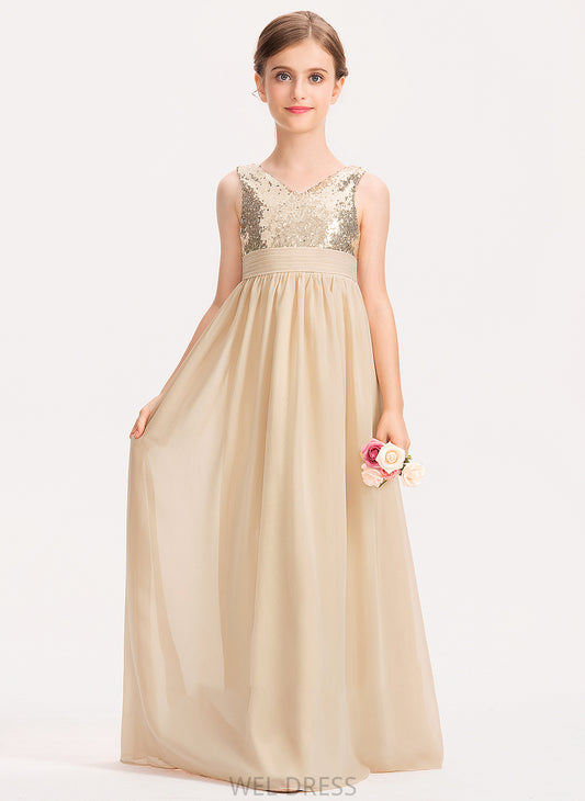 Floor-Length Norah Chiffon V-neck Junior Bridesmaid Dresses Sequined Ruffle A-Line With