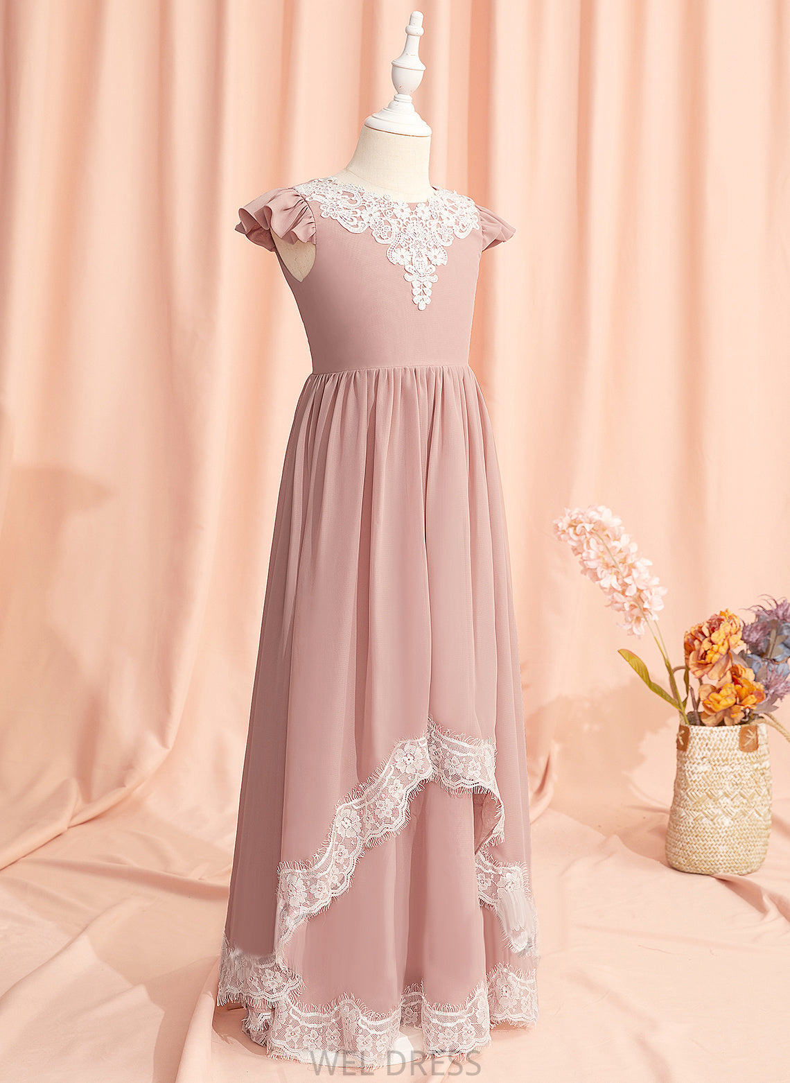 Chiffon/Lace Short With - Scoop A-Line Girl Lace/V Flower Meadow Flower Girl Dresses Floor-length Back Sleeves Neck Dress