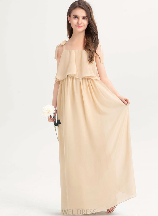 Cascading Floor-Length With Ruffles Bow(s) Square Chiffon Jacquelyn Junior Bridesmaid Dresses Neckline A-Line