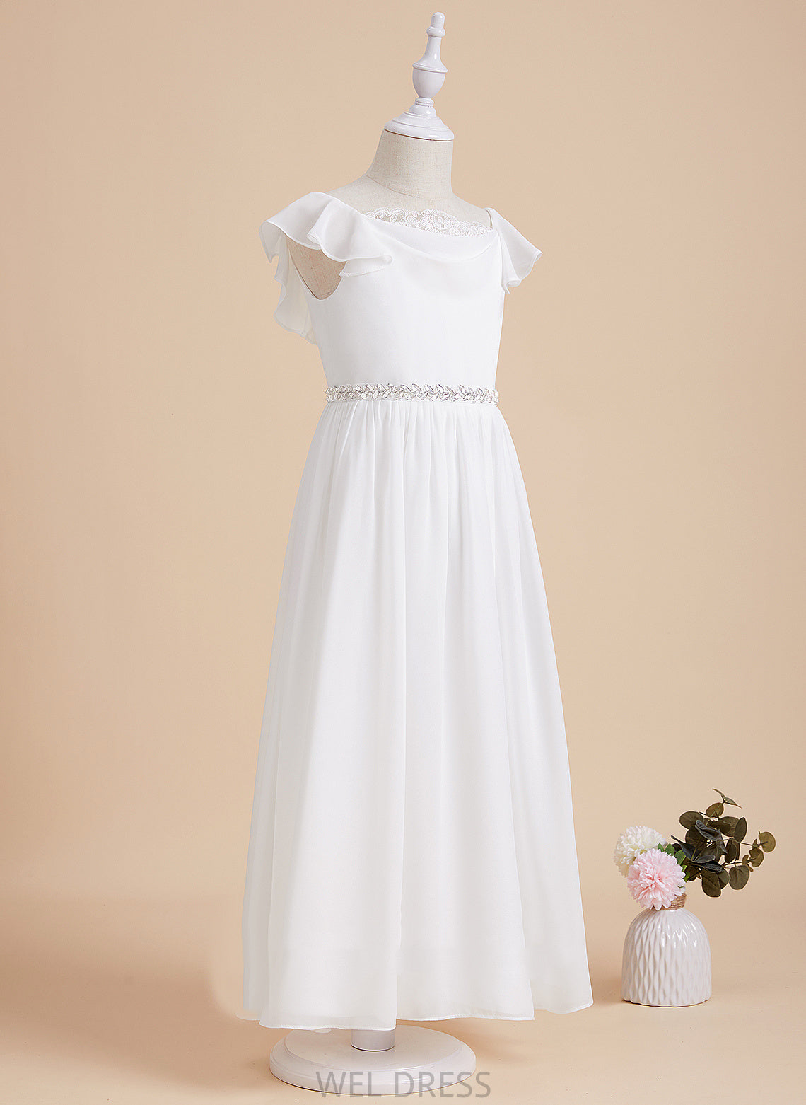 Ashly With Neck Ankle-length A-Line Chiffon/Lace Girl Short Sleeves Dress Flower Girl Dresses - Beading Flower Scoop