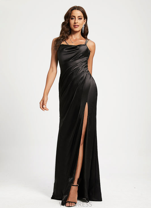 Satin Aria Sheath/Column Ruffle Prom Dresses Cowl With Floor-Length Beading Neck