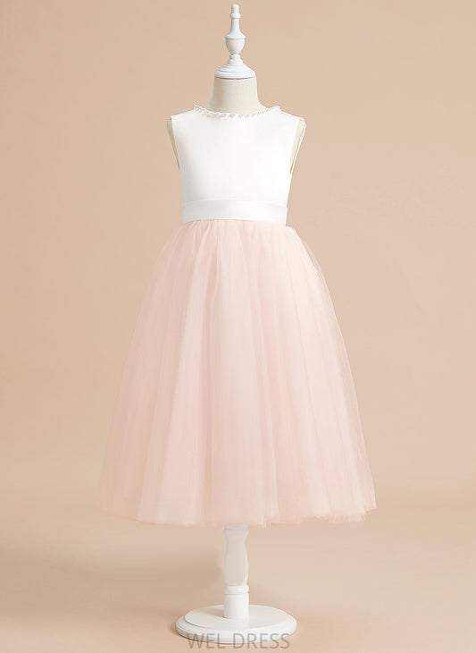 Girl Dress Tea-length With Beading/Bow(s) Sleeveless Neck Scoop Satin/Tulle Flower Annika - Flower Girl Dresses A-Line